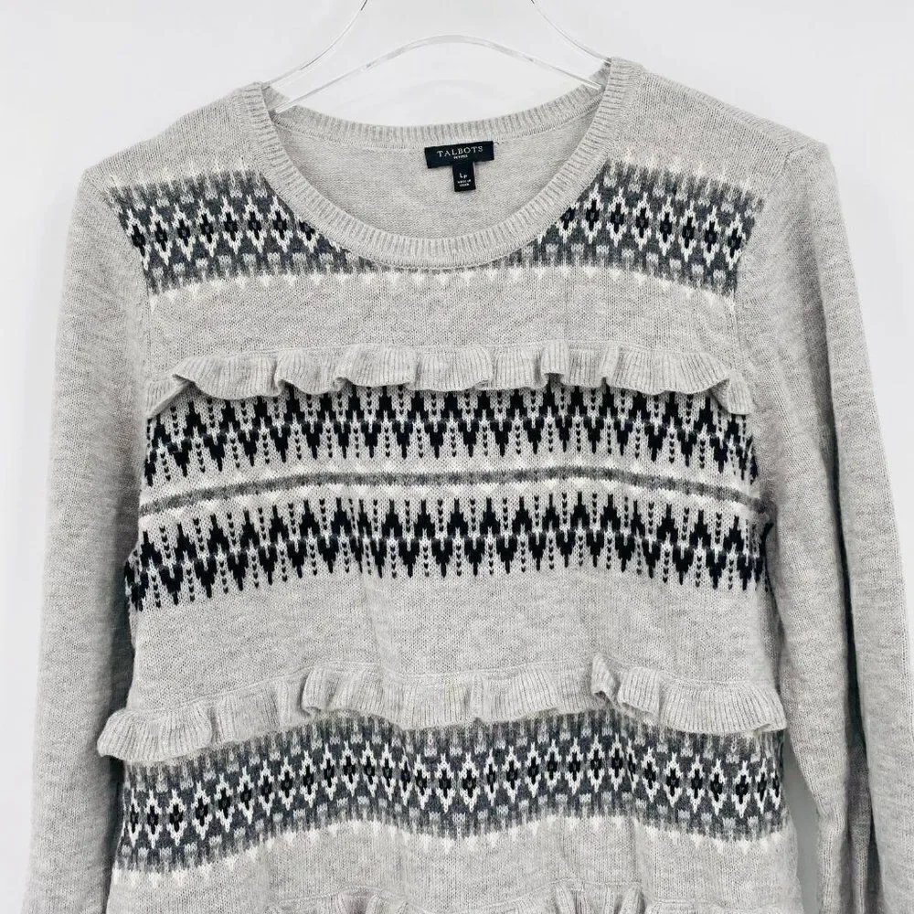 Talbots Petites Size Large Gray Fair Aisle Ruffled Lambswool Crewneck Sweater